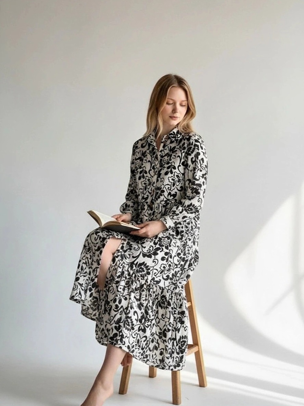Joie Floral Button Front Maxi Dress in White & Black Like New